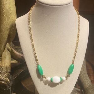 Avon Gold Necklace with Green and White Beads